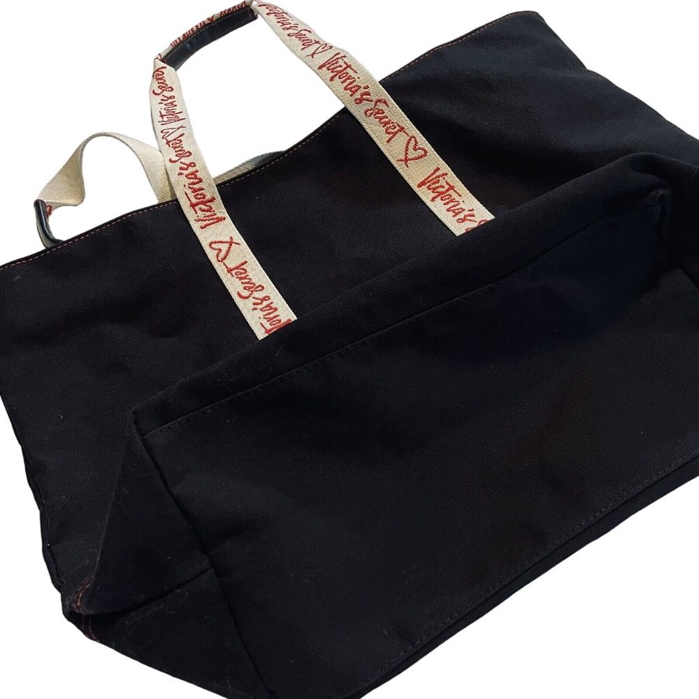 VICTORIA'S SECRET Black With Red Logo Canvas Weekender Tote Bag zips closed - Picture 8 of 9
